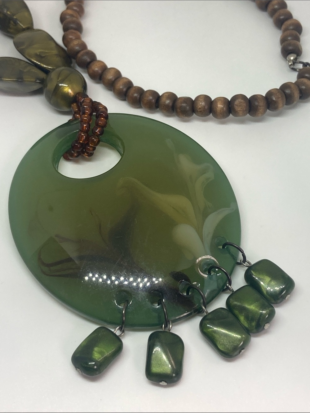 Green Statement Pendant Necklace Wooden Beads Boho Chunky Fashion Jewelry NWOT